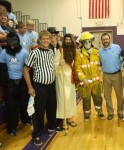MD volleyball coach Chad Rakers, far right, appreciated the spirit MD students and seniors Logan Gerstner (gorilla), Mike Martz, Adam Etter, and Alex Gebke brought to the volleyball match vs. Central, which was designated Costume Day.