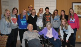 Mater Dei FBLA members Alexis Voyles, Katie Foppe, Brianne Hellmann, Luke Foppe, Kristal Litteken, Shannon Mensing, Lucas Haukap, Abby Haag, Tori Brokering, Natalie Horstmann, and Maddy Mensing are pictured with brother and sister, Joe Ripperda and Catherine Buscher, at the Aviston Countryside Manor. The MD group was there to visit and play bingo with the residents