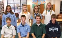 Students of the Quarter for the 1st quarter are (left to right) freshmen Raymond Moylan and Anna Goestenkors, sophomores Ben Feldmann and Claire Langenhorst, juniors Thomas Antonacci and Ariel Isaak, and seniors Max Etter and Shannon Mensing.