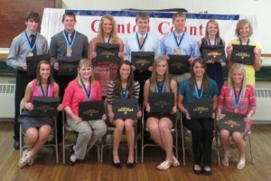 Seniors who represented Mater Dei at the Clinton County Academic Banquet were (sitting) Shelby Toennies, Mackenzie McCray, Clare Chiarolanza, Shannon Mensing, Jennifer Luebbers, Anna Lampe, (standing) Nathan Huelsmann, Ryan Patton, Jade Beckmann, Luke Foppe, Adam Richter, Kari Wiegmann, and Michele Thole. The Clinton County Academic Excellence Banquet was held on April 29, honoring the top ten percent of each senior class from the four high schools in Clinton County.  