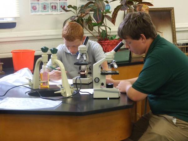 Sophomore Biology class learn the basic principles of using a microscope.
