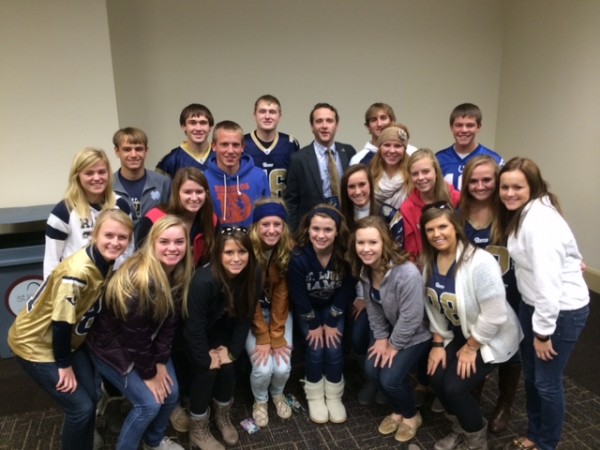 Members of the FBLA attended a college fair and a behind the scenes tour from St. Louis Rams executives to learn about careers related to sports teams. Former MD grad and Rams employee Kyle Eversgerd visits with the group.