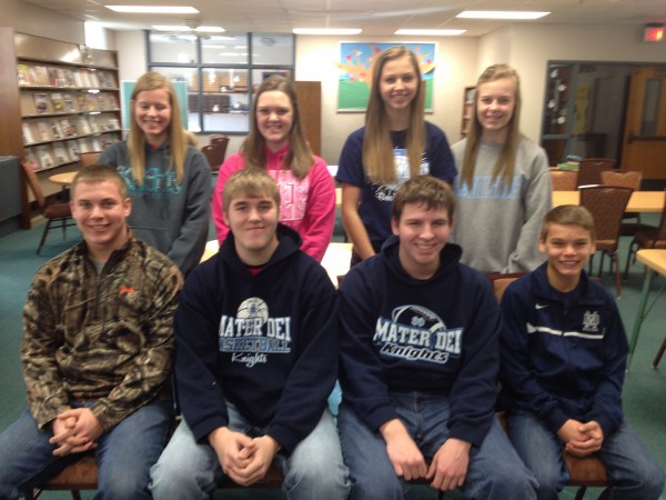 Mater Dei High School has announced its 'Students of the Quarter for the 2nd quarter of the 2013-14 school year. Front row: Lucas Buchmiller, Zach Deiters, Dominick Thomas, and Alex Loepker. Back Row: Lindsay Ratermann, Elizabeth Dorries, Natalie Horstmann, and Sophia Lager.